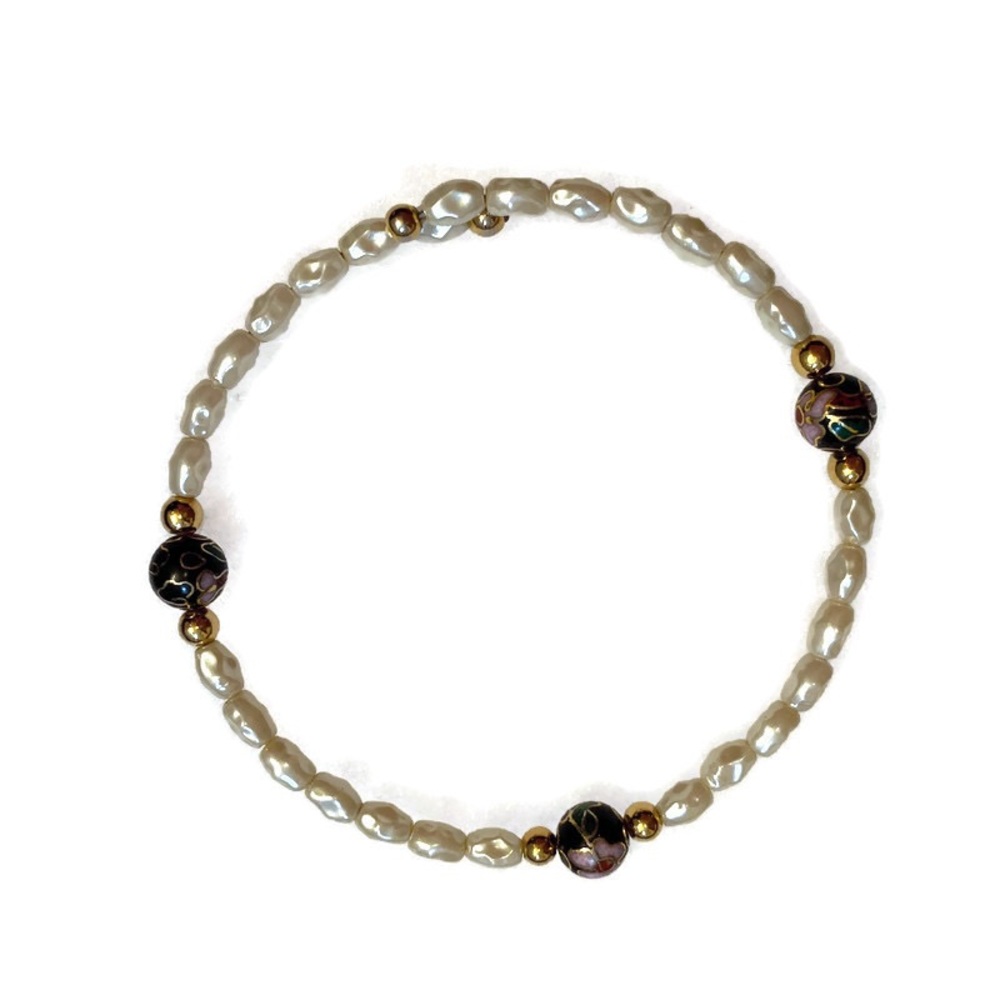 BRACELET WIRED WHITE FRESHWATER PEARL ENAMEL BEADS SLIP ON